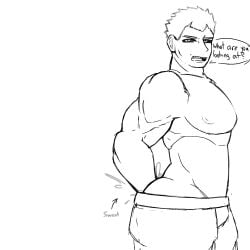ass black_sclera clothing dialogue digging_up_in_they_ass doxiedummy gay kengan_(series) kengan_ashura kengan_omega kure_raian male messy_linework muscles muscular muscular_male nipples no_color no_visible_genitalia self_upload sharp_teeth short_hair spiky_hair sweat sweatdrop uncaring yaoi