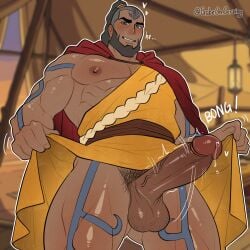 1boy avatar_(series) avatar_the_last_airbender balls bara beard big_pecs big_penis blushing blushing_at_viewer boner clothed erect_penis erection facial_hair gabeonserving gay leaking_precum looking_at_viewer male male_focus male_only male_pubic_hair muscular muscular_male one_nipple_out pecs pubes pubic_hair solo solo_focus solo_male tagah tattoo the_legend_of_aang veiny_penis yaoi