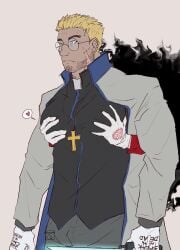 alexander_anderson hellsing_ultimate hellsing alucard_(hellsing) grabbing grabbing_pecs grabbing_from_behind surprised fully_clothed playful priest cassock blonde_male scar scar_on_face no_ai human_artist human_only gay male_only 2men
