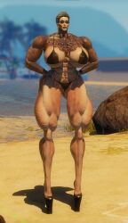 3d abs areola_slip black_bikini full_body_tattoo hands_on_hips high_heels huge_breasts intersex mature mature_female muscular muscular_female pubic_hair second_life standing sunglasses thesusman thick_thighs
