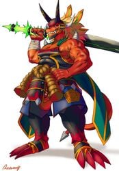 1boy anthro balls blonde_hair buddyfight dragon drum_(buddyfight) fangs full-length_portrait full_length grin hair headgear heart helmet horn looking_at_viewer male male_only melee_weapon muscular nipples pecs penis portrait pose red_eyes revealing_clothes rossciaco scalie simple_background solo spikes standing sword weapon white_background