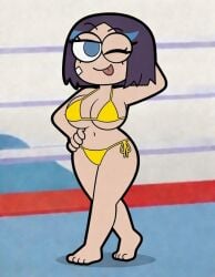 1girl aged_up ahegao bandage_on_cheek barefoot big_ass bikini blue_eyes blue_eyeshadow bob_cut cleavage curvy drooling hand_on_hip heart-shaped_pupils heterochromia large_breasts louise_belcher matsumoto_gogo micro_bikini navel one_eye_closed pose punch_punch_forever! purple_hair short_hair smug solo standing thick_thighs tongue_out underboob wide_hips winking yellow_bikini yellow_string_bikini