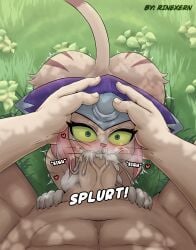 absurd_res anthro big_butt blush bodily_fluids breasts brown_stripes butt capcom clothing cum cum_in_mouth cum_inside duo ejaculation eyelashes felid fellatio felyne female first_person_view front_view fur genital_fluids genitals green_eyes hair head_grab headgear headwear hi_res human looking_at_viewer lynian male male/female mammal monster_hunter monster_hunter_stories_2:_wings_of_ruin nude oral palico penile penis pink_hair pink_nose purple_clothing purple_headwear rinexern sex stripes tan_body tan_fur tan_skin text tsukino_(monster_hunter_stories) whiskers white_body white_fur yellow_sclera