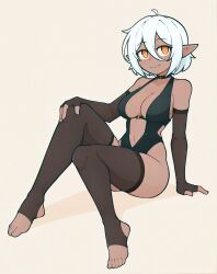 ai_generated plain_background 1girls dark_elf dominatrix pointy_ears dark_skin white_hair orange_eyes elbow_gloves fingerless_gloves bare_shoulders leotard center_opening midriff cleavage inner_sideboob thighhighs stirrup_legwear toeless_legwear feet toes sitting looking_at_viewer solo solo_female navel