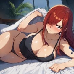 1girls 2026 ai_generated arm_tattoo bed bedroom black_eyes blanket_grab blue_tattoo blush erza_scarlet essenceai fairy_tail fairy_tail_mark holding_blanket large_breasts laying_down looking_at_viewer lying lying_on_bed novelai red-haired_female red_hair sweat tattoo tattoo_on_arm thick_thighs