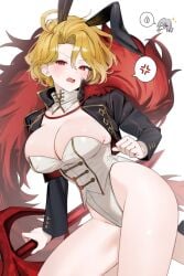 1girl animal_ears bare_thighs big_breasts black_coat blonde_hair breasts cleavage coat commentary_request detached_collar don_quixote_(limbus_company) don_quixote_(project_moon) fake_animal_ears feathers highres holding holding_weapon jacket la_manchaland's_don_quixote_(project_moon) lance large_breasts leotard limbus_company long_sleeves looking_at_viewer open_mouth pantyhose parted_bangs playboy_bunny polearm project_moon rabbit_ears red_eyes red_feathers red_fur sancho_(limbus_company) shirt short_hair simple_background solo star_(symbol) strapless strapless_leotard tori_(pippikasu) weapon white_background white_hair white_shirt