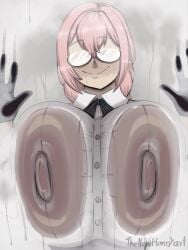 1girls big_breasts black_neckwear breast_press breasts breasts_on_glass bursting_breasts button_gap collared_shirt dress_shirt glasses hoyoverse huge_breasts megane mihoyo pink_hair popped_button shirt smile solo tagme thenewhenryart tray tsukishiro_yanagi white_shirt zenless_zone_zero