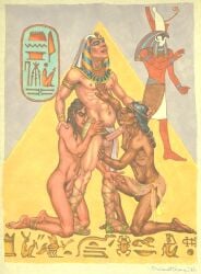 michael_kirwan original gay yaoi tagme traditional_art male male_only 3boys egyptian 1996 dated hieroglyphics penis erection foreskin uncircumcised armpit_hair pubic_hair nipples