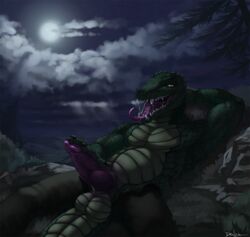 1boy animal_genitalia anthro balls belly big_penis claws clothed clothing crocodile danza erection genital_slit green_scales half-dressed holding_penis looking_at_viewer lying male male_only moon multicolored_scales night on_back open_pants pants penis purple_penis rech reptile saliva scales scalie seductive sharp_teeth slit slit_pupils solo teeth tongue tongue_out topless two_tone_scales yellow_scales