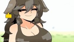 animated animated_gif anime_girl big_breasts bouncing_breasts breasts brown_eyes brown_hair brown_topwear cow_(minecraft) cow_ears cow_girl cow_tag eyes_closed gif humanoid_cow large_hat livestock_tag minecraft one_eye_closed pulling_up_topwear silpaeja teasing watermark
