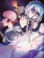 1boy 1girl 2nd_scenario_(hundred_line) ahoge braid brain canon_couple commentary english_commentary headband highres hood hoodie kirifuji_nozomi nipples nozotakkun red_hair sumino_takumi surgery test_tube the_hundred_line_-last_defense_academy- white_hair