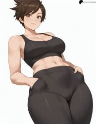 1girl 1girls ai_generated armpit_crease black_pants black_tank_top breasts brown_eyes brown_hair closed_mouth collarbone hands_in_pockets hi_res high_quality high_resolution highres legs_together light lips looking_at_viewer midriff navel nose opal_nemy opalnemy overwatch overwatch_2 pants patreon_logo patreon_url patreon_username plain_background self_upload shadow shiny shiny_hair shiny_skin short_hair simple_background solo tank_top thighs tracer watermark white_background yoga_pants