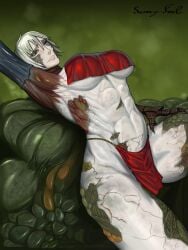 arms_behind_head blonde_hair covered_breasts crotch_tattoo decay dont_stick_your_dick_in_that gauntlets gauntlets_only green_eyes loincloth muscles muscular_female nightmare_waifu pale-skinned_female pale_skin pinup plague_knight_(trench_crusade) reclining reclining_pose short_hair solo solo_female sunnyfool122 tattoo trench_crusade undead