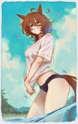 1girl absurdres agnes_tachyon_(umamusume) ahoge animal_ears beach bikini bikini_bottom_only black_bikini blue_sky blush breasts brown_hair calamity_brezze earrings hair_between_eyes highres horse_ears horse_girl horse_tail jewelry looking_at_viewer medium_breasts medium_hair midriff navel ocean open_mouth outdoors red_eyes shirt single_earring sky smile solo swimsuit tail umamusume wading water wet wet_clothes white_shirt