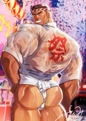 1boy arm_hair artist_signature ass ass_bigger_than_head ass_cleavage ass_focus ass_hair back_muscles back_view bara beard_stubble beefy biceps big_ass blurry_background broad_shoulders brown_hair bubble_ass bubble_butt daddy dat_ass dilf festival fundoshi gay grin hachimaki hairy happi_(clothing) headband hi_res huge_ass hunk lantern leg_hair looking_away male male_only manly mature_male muscles muscular muscular_arms muscular_ass muscular_back muscular_legs muscular_male muscular_thighs no_visible_genitalia original original_character outdoors oyatu55k pantsless plump_ass quadriceps rokushaku_fundoshi sanpaku short_hair small_pupils solo standing sweat sweatdrop sweating sweaty sweaty_ass sweaty_butt tan tan_body tanline thick thick_arms thick_ass thick_eyebrows thick_legs thick_thighs tough_guy translucent_clothing triceps very_sweaty wet wet_body wet_clothes white_fundoshi yaoi