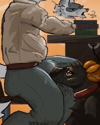 anthro breath bulge canid clothed clothing collar digital_media_(artwork) distracted dither_rat dithering duo half-closed_eyes hi_res male male/male mammal murid murine narrowed_eyes panting pixel_(artwork) rat rodent sighing under_table