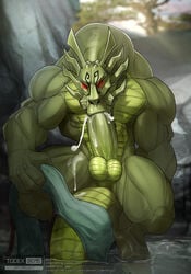 2015 abs anthro autofellatio balls biceps big_balls big_muscles big_penis clothing cum demon dragon fellatio gay green_scales horn hunk jackie_chan_adventures male masturbation muscular muscular_male no_pupils nude oral penis red_eyes scales scalie shendu solo standing todex toned yellow_scales