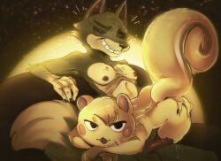 after_sex age_difference animal_crossing anthro balls big_tail bodily_fluids body_hair canid canine canis chest_hair dripping duo elderly_male furniture genital_fluids genitals hand_on_butt hi_res looking_at_viewer male male/male mammal marshal_(animal_crossing) nintendo nude_anthro nude_male on_sofa penis precum precum_drip rodent salamikii sciurid smile sofa sugar_daddy tail tree_squirrel wolf
