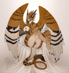 2026 anthro anus areola avian beak biped breasts butt claws digital_drawing_(artwork) digital_media_(artwork) feathers feet female fenn.perrox fingers front_view fur gryphon hi_res looking_at_viewer mythological_avian mythological_creature mythology nipples nude nude_anthro nude_female pusy sitting smile solo stripes tail toes wings