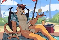 2025 aldrake_(jaybeyyy) aloha_shirt anthro athletic balls beach black_wings bottomless bottomless_anthro bottomless_male brown_hair clothed clothing cooler day digit_ring digital_media_(artwork) dragon drinking_straw erection eyewear finger_ring genitals glass hair hi_res humanoid_genitalia humanoid_penis jaybeyyy jewelry male male_focus mythological_creature mythological_scalie mythology orange_body orange_tongue parasol pattern_clothing pattern_shirt pattern_topwear pecs penis scalie shadow shirt sitting sky solo sunglasses tail text tongue tongue_out topwear url wings