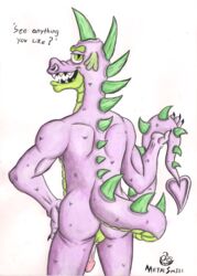 1boy 2015 aged_up animal_genitalia anthro ass balls barely_visible_genitalia claws cock_sheath dialogue dragon english_text erection fangs friendship_is_magic green_eyes green_scales grin hand_on_hip looking_at_viewer male male_only metalsmile multicolored_scales muscular my_little_pony nude open_mouth penis pinup pose presenting presenting_hindquarters purple_scales reptile scales scalie sharp_teeth sheath simple_background smile smooth_skin solo solo_focus spade spike_(mlp) spikes spines standing teeth text traditional_media_(artwork) two_tone_scales watercolor_(artwork) white_background