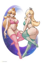 2girls ass back_length_hair bare_shoulders big_breasts blonde_hair blue_bra blue_eyes blue_panties bra breasts cleavage crown ear_piercing earrings feet female female_only full_body hair hair_over_one_eye headwear hioyami hips lace lace-trimmed_bra lace-trimmed_panties lace_trim leggings legwear light-skinned_female light_skin mario_(series) navel negative_space nintendo panties parted_lips pink_bra pink_panties pink_thighhighs princess_peach princess_rosalina shoulders side_view sideboob sisters space stars thighhighs thighs white_background