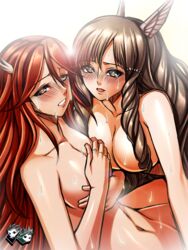 2girls blush breasts brown_eyes brown_hair cordelia_(fire_emblem) female fire_emblem fire_emblem_awakening hair_decoration jadenkaiba long_hair multiple_girls nintendo nude open_mouth red_eyes red_hair sumia_(fire_emblem) take_your_pick yuri