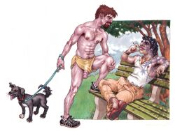 michael_kirwan original gay yaoi tagme traditional_art male male_only penis penis_out penis_through_leghole balls flaccid light_skin shorts nipples shirtless 2boys erection bulge nipples_visible_through_clothing tank_top bench