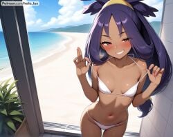 ai_generated pokemon iris_(pokemon) petite petite_body petite_female petite_breasts petite_tits petite_girl skinny skinny_female small_breasts bikini bikini_top bikini_bottom removing_clothing removing_bikini removing_bikini_top white_bikini white_bikini_top hips thigh_gap belly_button purple_hair red_eyes smirk smirking smirking_at_viewer beach_background apartment window wet_body sweat shiny_skin teasing teasing_viewer brown_skin small_waist blush blush_lines