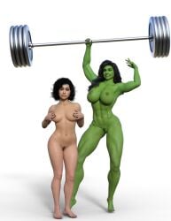 2girls 3d barbell big_breasts breasts enfmaster01 feat_of_strength feet female green_skin jennifer_walters marvel marvel_cinematic_universe muscular muscular_female nipples nude pussy she-hulk she-hulk:_attorney_at_law weightlifting