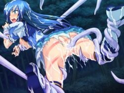 anal ass blue_eyes blue_hair censored crying cum cum_in_ass cum_on_body cum_on_clothes cum_on_hair cum_on_lower_body cum_on_upper_body female female game_cg hyoui_henshin_extra_souls ishigami_mai long_hair magical_girl overflow panties pussy short_sleeves solo sweat tears tentacle tongue torn_clothes torn_panties whip_marks white_panties