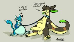 after_sex ambiguous_gender amphimorpho anthro apollo_kalar apollo_kalar_(artist) avali black_sclera blue_body bodily_fluids brown_body chest_tuft collar collar_only countershading cum cum_drip cum_inflation cum_inside dipstick_ears dipstick_tail dripping duo ear_markings english_text feg foreskin genital_fluids genitals glans green_eyes green_glans green_sclera grey_inner_ear grumpy hi_res holding_leash holding_object humanoid_genitalia humanoid_penis inflation leash leashed_collar looking_aside looking_at_another looking_at_partner male male/ambiguous markings multi_ear multicolored_ears narrowed_eyebrows nude open_mouth partially_retracted_foreskin penis signature tail tail_markings tan_body tan_countershading text tuft unwanted_cum_inside winged_arms wings