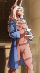 absurd_res accessory anthro anubian_jackal bathrobe beverage breasts brown_body brown_fur canid canine canis clothed clothing container cup digital_media_(artwork) eyes_closed female fur genitals hair hair_accessory hi_res holding_object ineffective_clothing jackal jackal_ears jesenna_(maaarked_one) long_hair mammal mostly_nude navel navel_piercing nipple_piercing nipples open_clothing open_robe piercing plate robe robe_only smile solo tea_cup the-minuscule-task topwear vulva white_hair