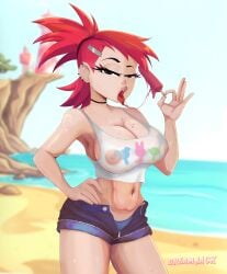 frankie_foster foster's_home_for_imaginary_friends fanart girl beach sweatdrop hot red_hair shorts ice_cream popsicle popsicle_in_mouth cartoon_network cartoon pose artist_name artist_request dream_jack remake