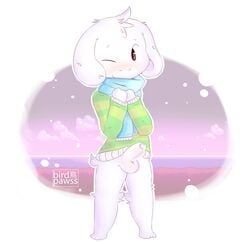 1boy 2015 anthro asriel_dreemurr balls birdpawss blush caprine cum erection fur furry goat half_naked long_ears male male_only mammal penis precum solo sweater uncut undertale