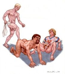 1998 dated michael_kirwan original gay yaoi tagme traditional_art male male_only 3boys ass balls penis erection anus towel blonde_hair brown_hair simple_background white_background nipples foreskin uncircumcised nipples_visible_through_clothing armpit_hair