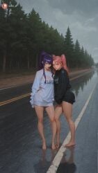 big_butt rain big_boobs butt dark-skinned_female ass hi_res outdoors multiple_girls rating:safe pink_hair barefoot saya_takagi saeko_busujima breasts wide_hips closed_eyes long_hair busujima_saeko blue_hair tree highschool_of_the_dead blush ai_generated thick_thighs 2girls aisinful big_ass wet medium_breasts large_breasts female