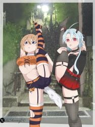 halloween_costume halloween halloween_theme halloween_pumpkin halloween_2025 neptunia_(series) hyperdimension_neptunia hyperdimension_neptunia_the_animation blanc blanc_(neptunia) white_heart_(neptunia) white_heart leg leg_up leg_grab short_hair brown_hair blue_eyes red_eyes sheong_wong small_breasts female girl female_only 2girls stomach stomach_deformation