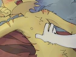 1boy 2d 2d_(artwork) 4:3 blush hand_on_chest male male_only moaning nipples nude on_bed open_mouth original original_character roblox self_upload stroking tiger_print yawned_beef yellow_fur yellow_skin
