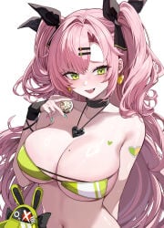 1girls big_breasts breast_focus breasts cleavage ear_piercing earrings female female_only green_eyes hair hair_ornament hairclip heart_earrings huge_breasts mole mole_on_breast mole_under_eye multicolored_nail_polish multicolored_nails necklace neckwear nicole_demara pink_hair ribbon solo_female topwear tubetop twintails upper_body upper_body_focus zenless_zone_zero white_background blush amillion_(zenless_zone_zero) kkato