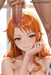 1girl1boy ai ai_art ai_female ai_generated ai_woman completely_nude completely_nude_female cum_leaking erection female female_focus male nami_(one_piece) nsfw nude_female one_piece orange_hair sexual sexy