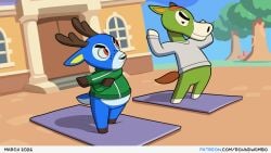 roundwombo buck_(animal_crossing) bam_(animal_crossing) animal_crossing male male_only male_focus 2boys horse anthro furry blue_fur green_fur animated weight_gain belly fat stomach chubby overweight overweight_male chubby_male obese obese_male wide_hips hips thick_thighs thighs large_ass ass bottomless bottomless_male red_eyes antlers deer deer_antlers laughing jiggling_belly moobs large_moobs nintendo hyper hyper_ass laying_on_top laying_on_top_of_each_other smooshed stretching exercise exercise_mat karma
