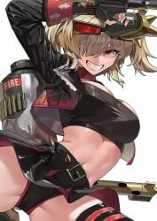 hoyoverse mihoyo zenless_zone_zero burnice_white blonde_hair blonde_female blonde blonde-haired_female long_hair brown_eyes breasts big_breasts 1girls female jacket smile black_jacket upskirt underwear panties black_underwear black_panties pantyshot pantyshot_(standing)