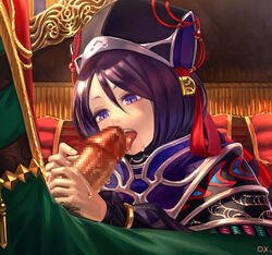 artist_name censored fellatio female hat oral original ox_(baallore) penis pubic_hair purple_eyes purple_hair slit_pupils solo_focus