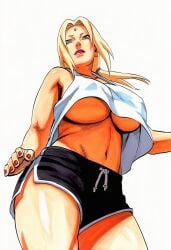 1girls accurate_art_style accurate_body_type ai_generated alternate_costume athletic_wear bare_shoulders big_breasts black_shorts blonde_female blonde_hair breasts brown_eyes clothed clothing collarbone covered_nipples cowboy_shot crop_top crop_top_overhang curvaceous curvy dolphin_shorts drawstring eyebrows female female_focus female_only forehead_jewel forehead_mark foreshortening from_below full_color high_resolution highres huge_breasts large_breasts light-skinned_female light_skin line_art lipstick long_hair looking_at_viewer looking_down looking_down_at_viewer low-angle_view low_twintails manga_style mature_female midriff nail_polish naruto naruto_(series) naruto_shippuden nipple_bulge no_bra official_style oppai orange_eyes painted_nails parted_lips pinup red_nails shiny_skin shirt short_eyebrows short_shorts shorts simple_background soft_shading solo solo_focus standing tank_top thick_thighs thighs tsunade twintails underboob upshirt viewed_from_below white_background white_crop_top white_tank_top