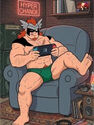 ai_assisted ai_generated bara brawl_stars bulge damian_(brawl_stars) feet_up focused gay hairy hairy_male happy_trail male_only nintendo_switch playing_videogame scar underwear
