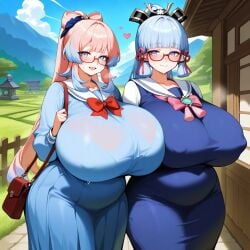 2girls ai_generated areola_slip arm_up armpit armpits arms_up bare_shoulders belly big_breasts blue_dress blush breast_press breasts cheerleader cheerleader_outfit cheerleader_uniform chu_lian_sama chubby chubby_female chubby_girl cleavage dancing duo dynamic_pose fat fat_female fat_girl female female_only genshin_impact gigantic_breasts gigantic_tits hoyoverse huge_breasts kamisato_ayaka large_breasts large_tits light-skinned_female long_dress mihoyo miniskirt multiple_girls navel oiled oiled_body oiled_skin open_mouth panties pleated_dress pleated_skirt plump pom_pom_(cheerleading) pom_poms sailor_collar sangonomiya_kokomi school_uniform seductive seductive_eyes seductive_look seductive_mouth seductive_pose seductive_smile side-tie_panties skirt_lift smile sports_bra student sweat sweatdrop sweating sweaty sweaty_armpit sweaty_armpits symmetrical_docking thick_thighs wide_hips