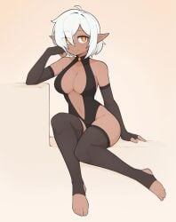 1girls ai_generated bare_shoulders center_opening cleavage dark_elf dark_skin dominatrix elbow_gloves feet fingerless_gloves inner_sideboob leotard looking_at_viewer midriff navel orange_eyes plain_background pointy_ears sitting solo solo_female stirrup_legwear thighhighs toeless_legwear toes white_hair