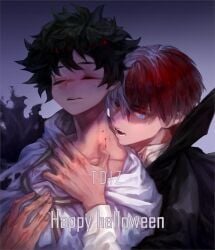 artist_request midoriya_izuku todoroki_shoto boku_no_hero_academia shounen_jump bones_(company) messy_hair freckles two-tone_hair scar vampire halloween cosplay ghost bite_mark yaoi my_hero_academia shouto_todoroki izuku_midoriya