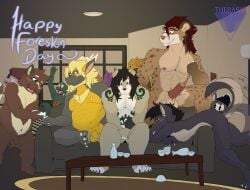 absurd_res alcohol alcohol_bottle alcohol_consumption antumbra_hernandez balls beverage beverage_bottle bird_dog bottle canid canine canis cannem celebrating container copper_hayabusa covering covering_crotch demon domestic_dog dragon drinking_sake erection flaccid foreskin genitals gizmo_(ran) gnoll golden_hayabusa hi_res humanoid_genitalia humanoid_penis hunting_dog hybrid hyena ironjaw kentah kobold labrador luki_hayabusa mammal mike_hock mizumi_tremens mythological_creature mythological_scalie mythology penis raccoon_dog retriever scalie serving_alcohol shy sinhue_zarahastra spectator tail tail_motion tailwag tanuki teasing thala_otorten therasis toony wolf